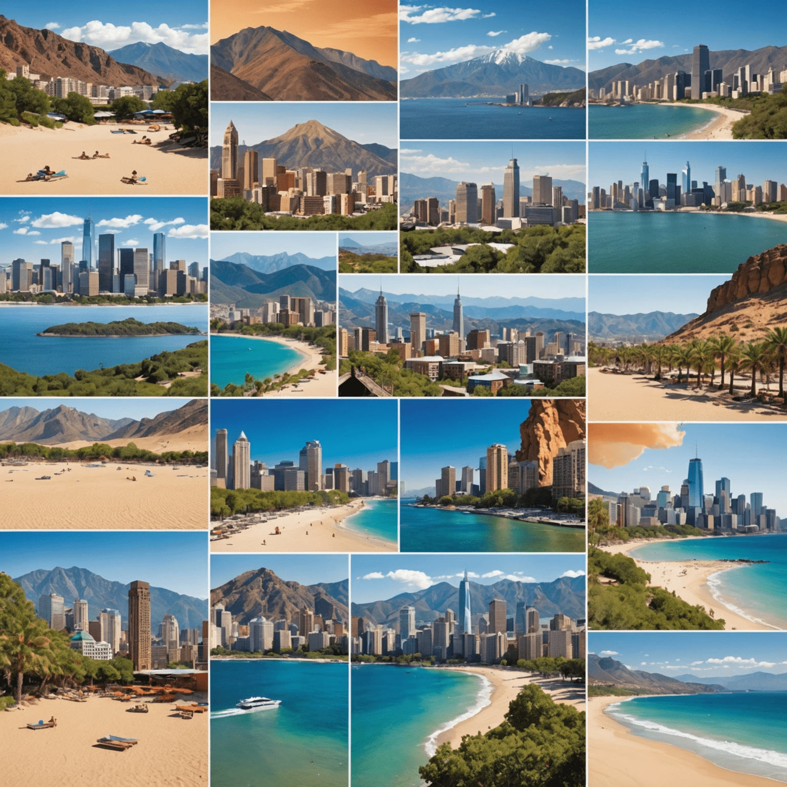 A collage of travel destinations featuring a sandy beach, a bustling city skyline, and a serene mountain landscape, symbolizing the diverse travel options available through Bright7Quest