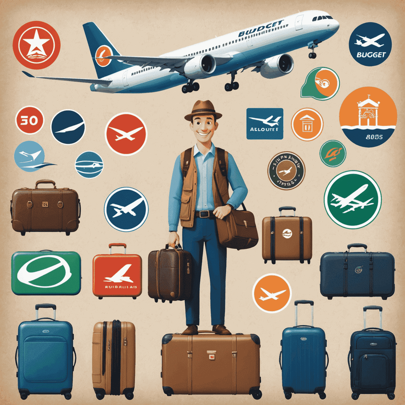 Collage of budget airline logos and a happy traveler with luggage