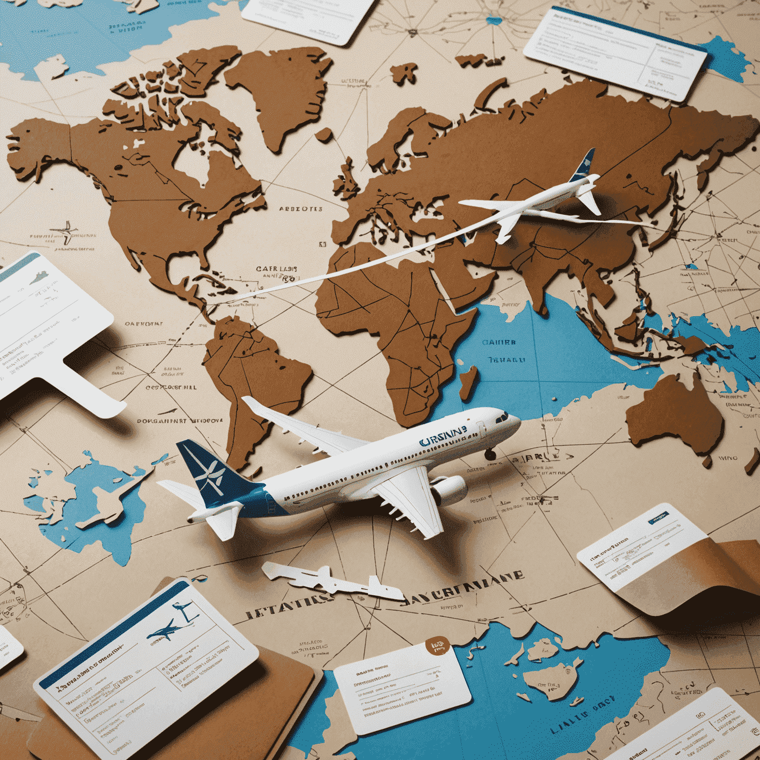 Collage of airline loyalty cards, airplane models, and a world map with flight routes