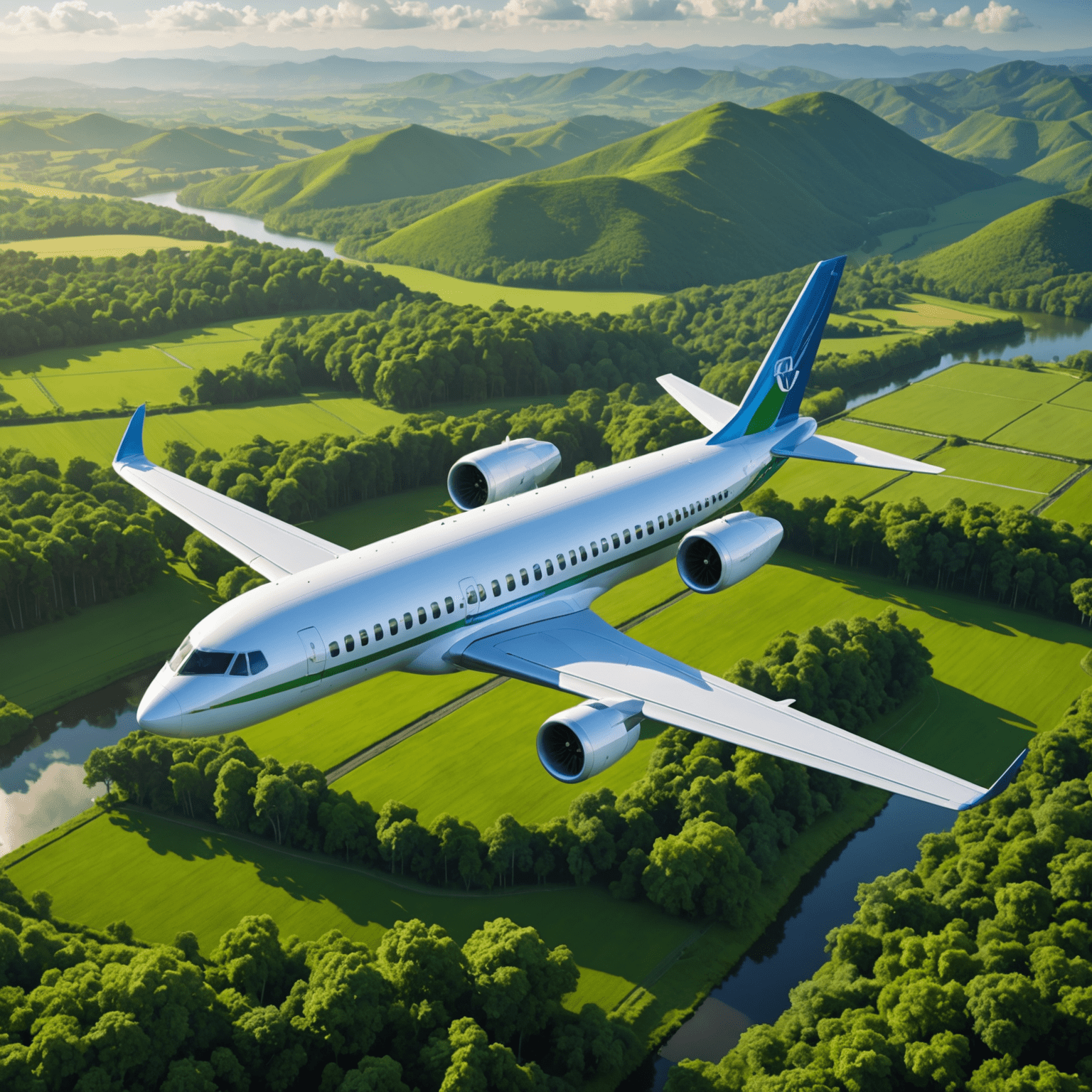 A modern, fuel-efficient airplane flying over a lush green landscape, symbolizing eco-friendly air travel