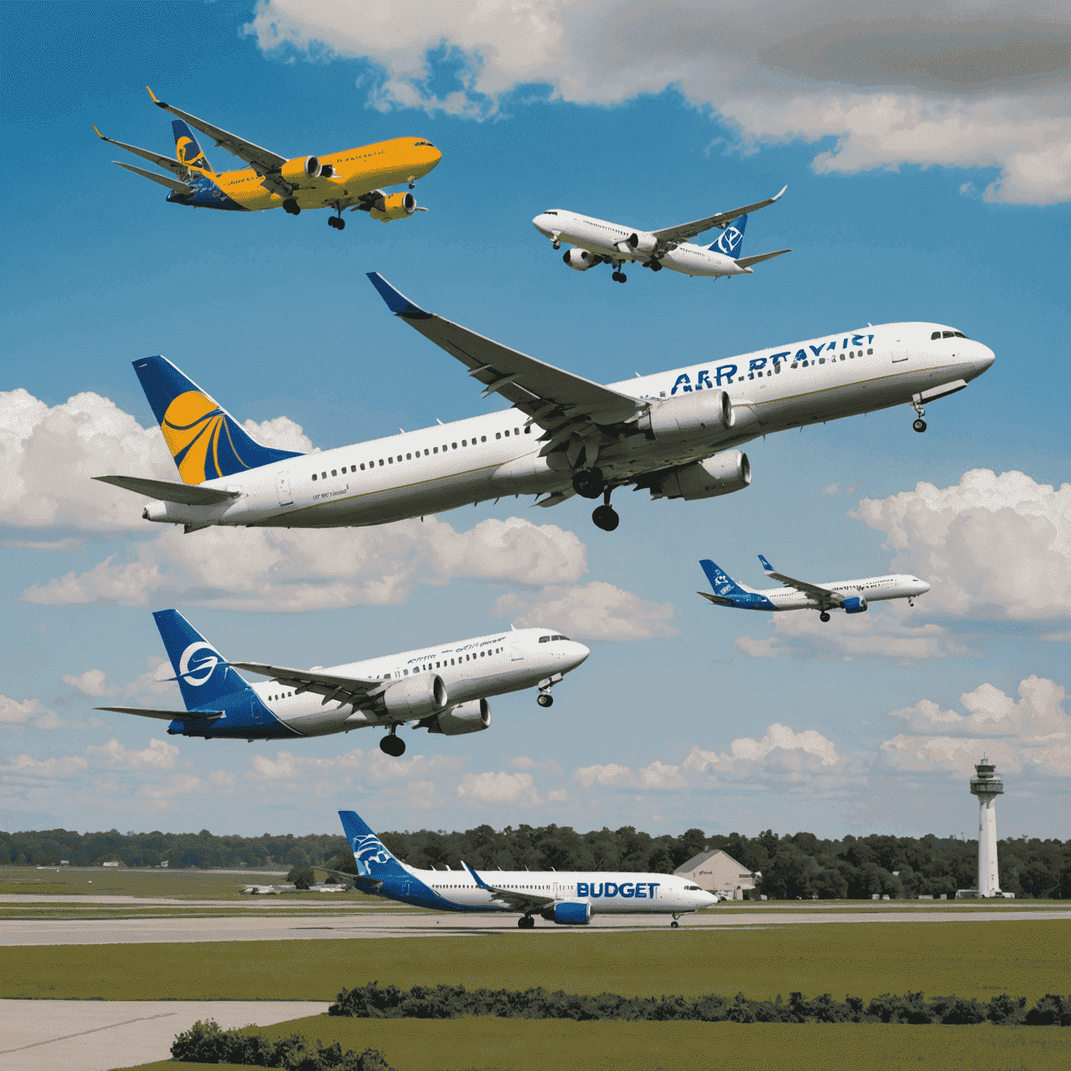 Collage of budget airline logos and a plane taking off, representing affordable air travel options