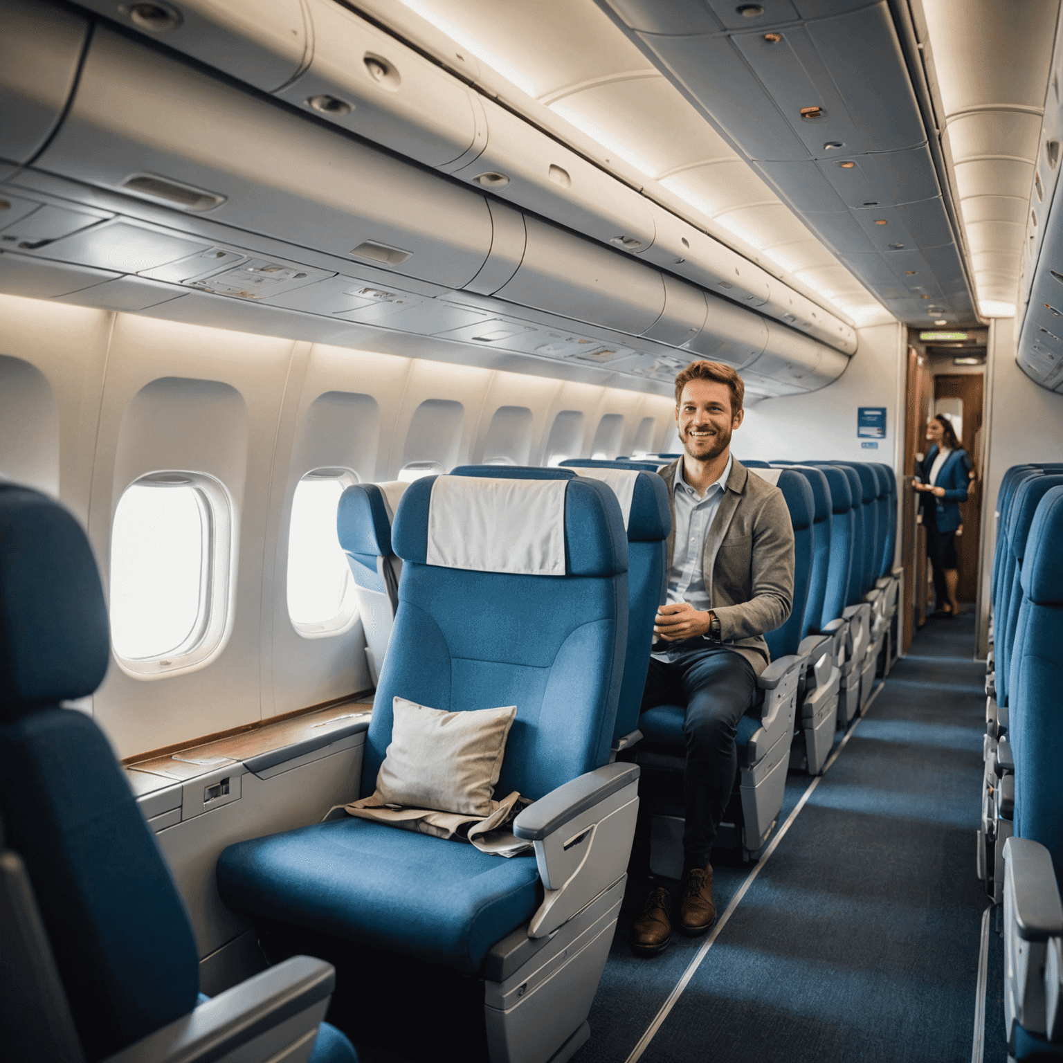 Interior of a budget airline plane showing comfortable seats and smiling passengers, emphasizing the value for money aspect