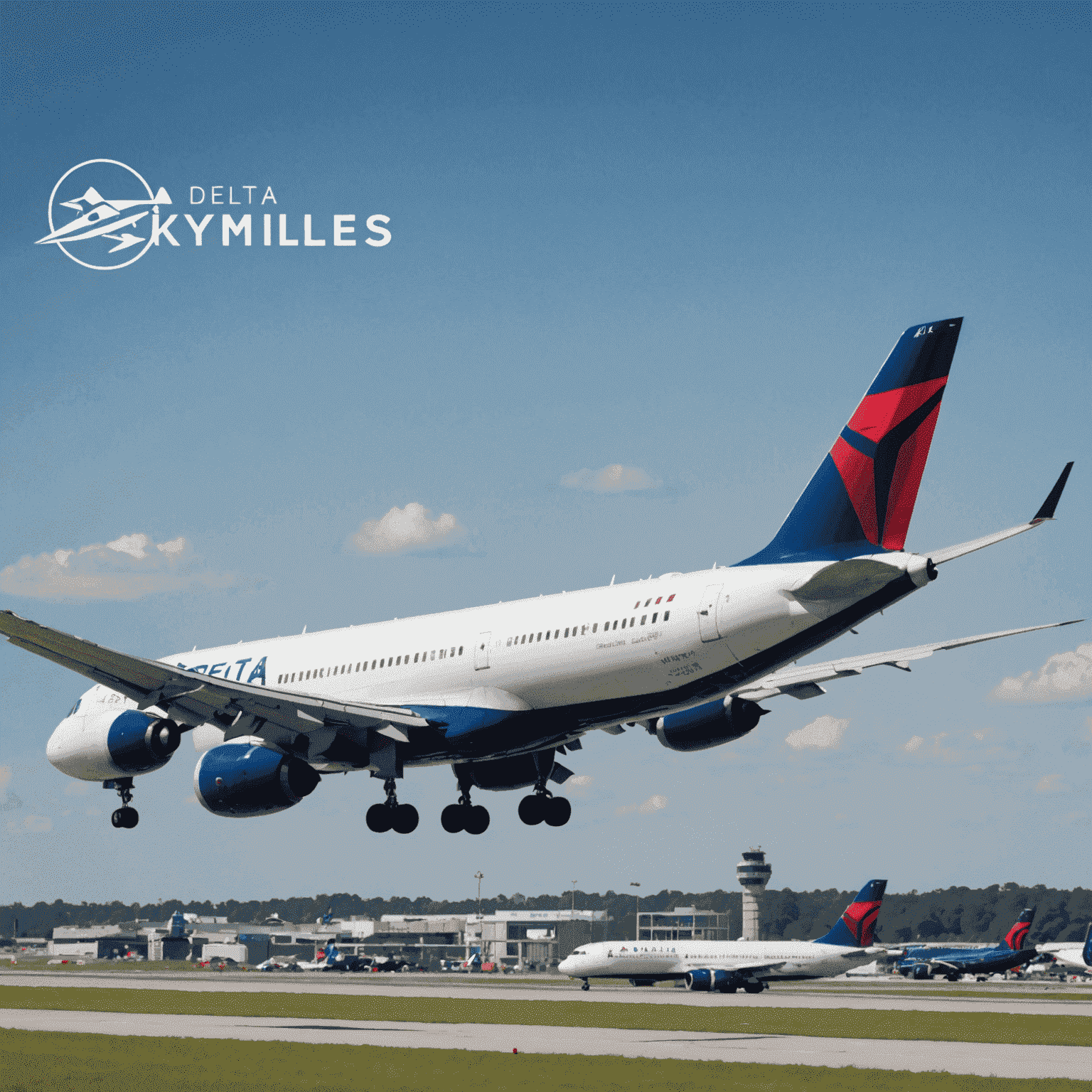 Delta Airlines plane taking off with SkyMiles logo overlay