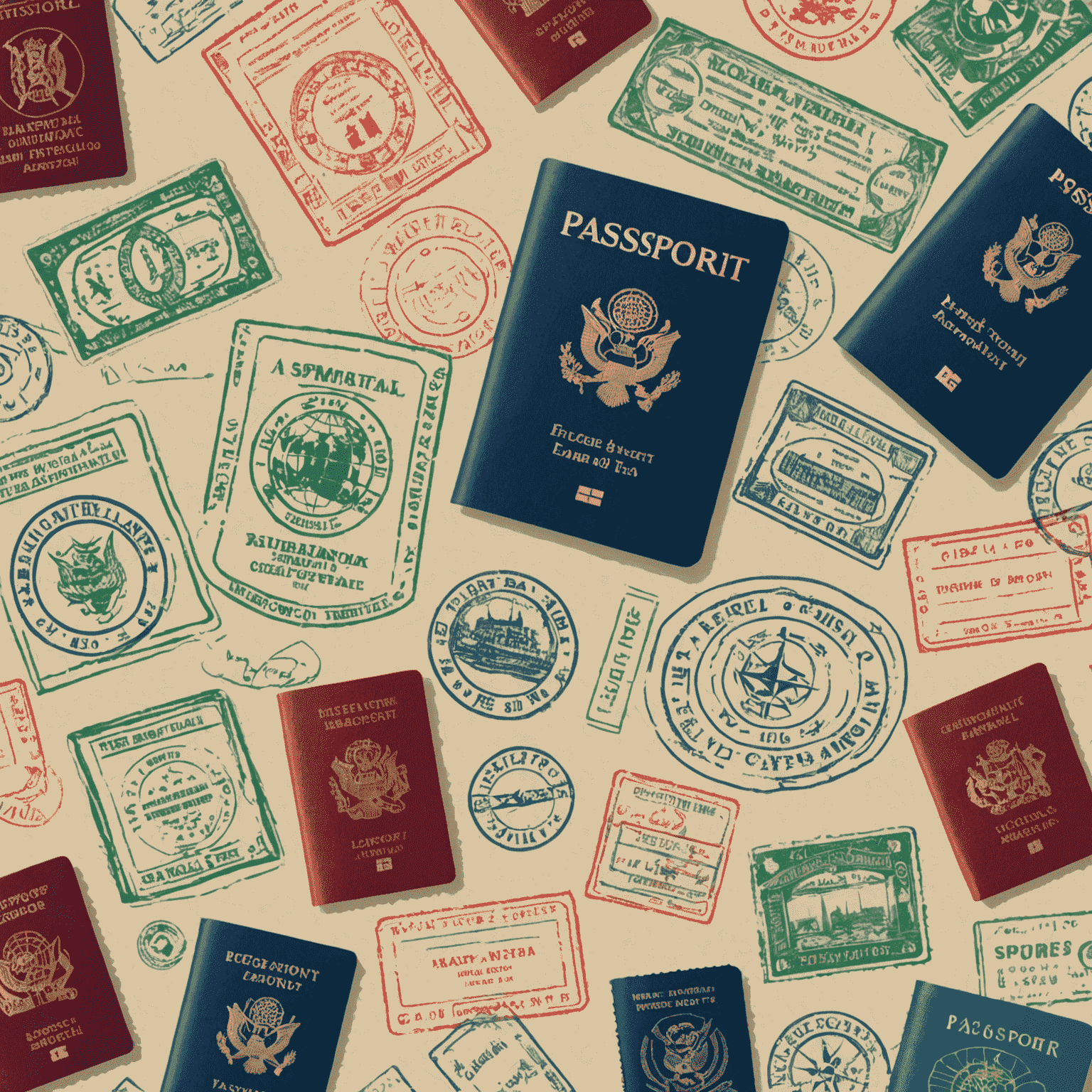 A passport with various visas and stamps, symbolizing international travel and transit visas