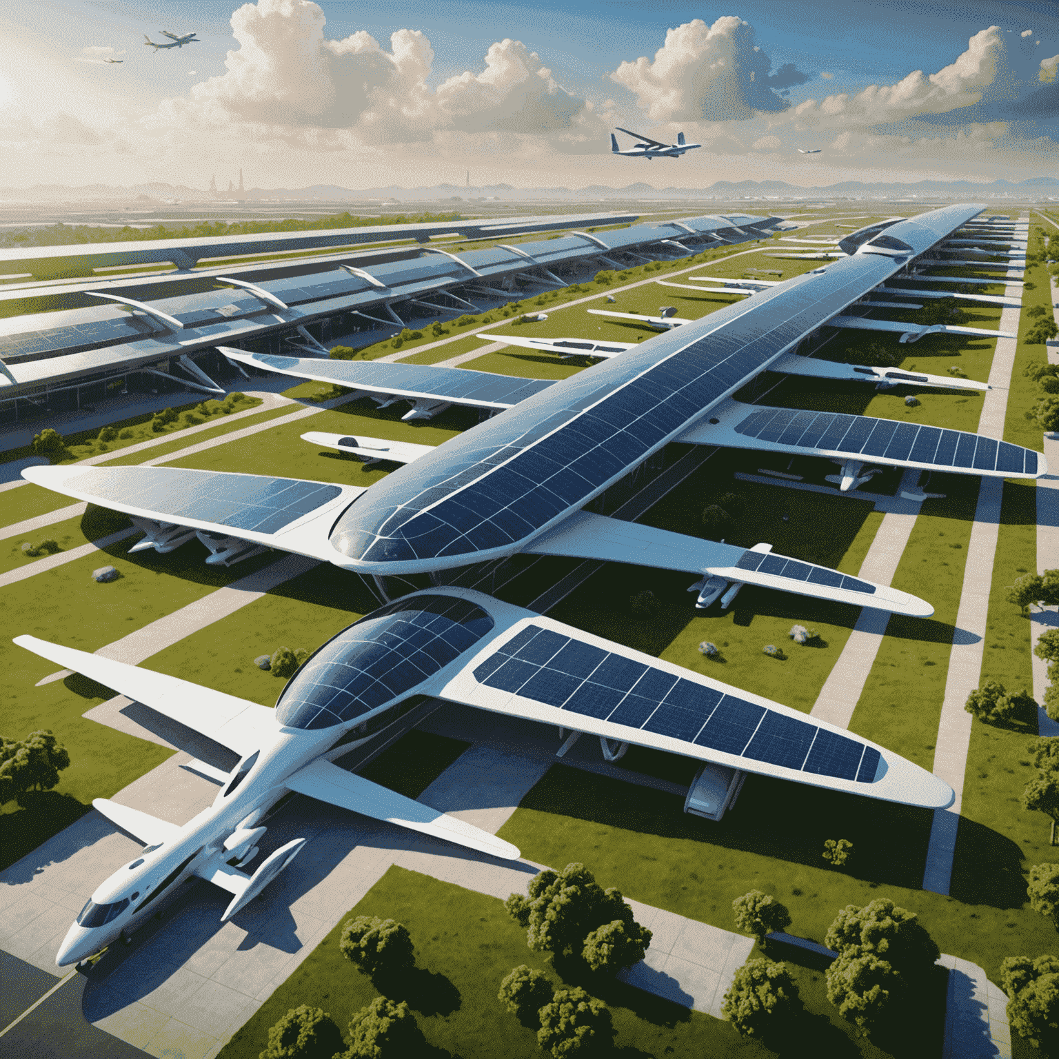 Futuristic concept art of an eco-friendly airport with solar panels and electric planes